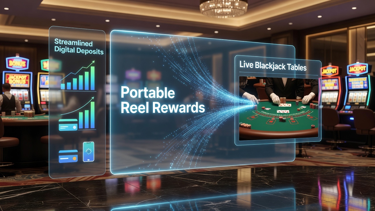 Live blackjack table on a tablet with digital deposit confirmation overlay from slot rewards