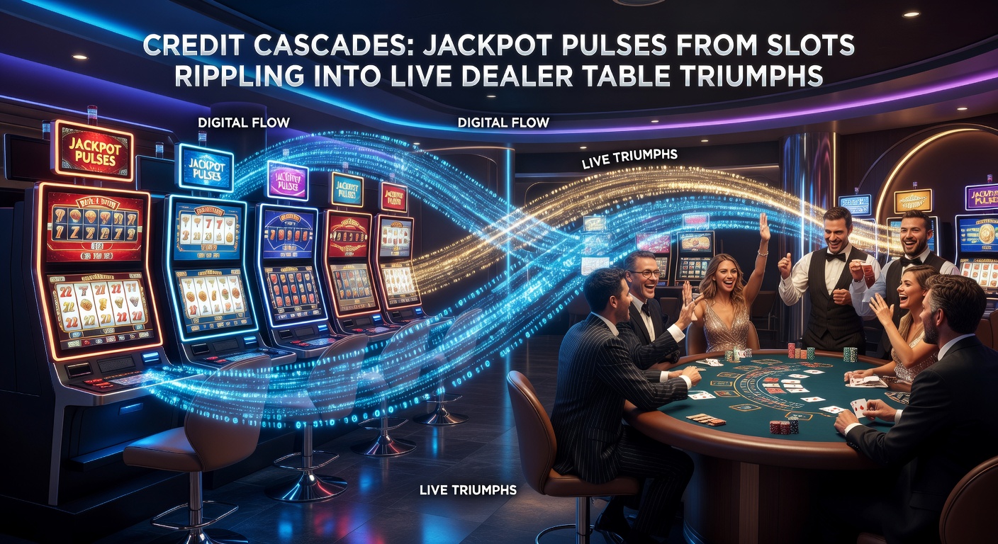 Dynamic graphic of credits cascading from exploding slot reels to a bustling live dealer roulette table, with glowing jackpot meters and betting chips in motion