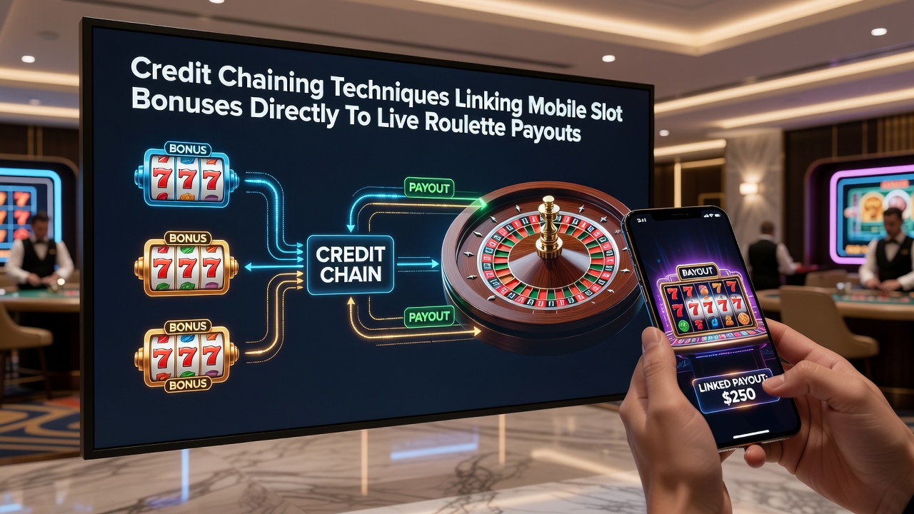 Screenshot of mobile interface displaying chained credits moving from slots into a live roulette session