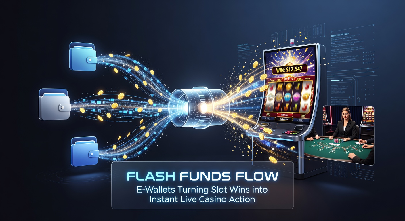 Animated graphic of e-wallet funds exploding from a slot machine payout screen into multiple live casino tables including roulette, blackjack, and baccarat