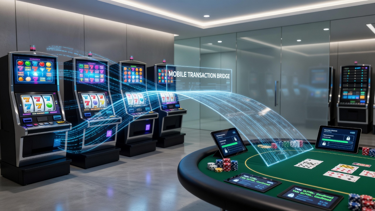 Mobile app interface showing progressive jackpot transfer from slots to blackjack table