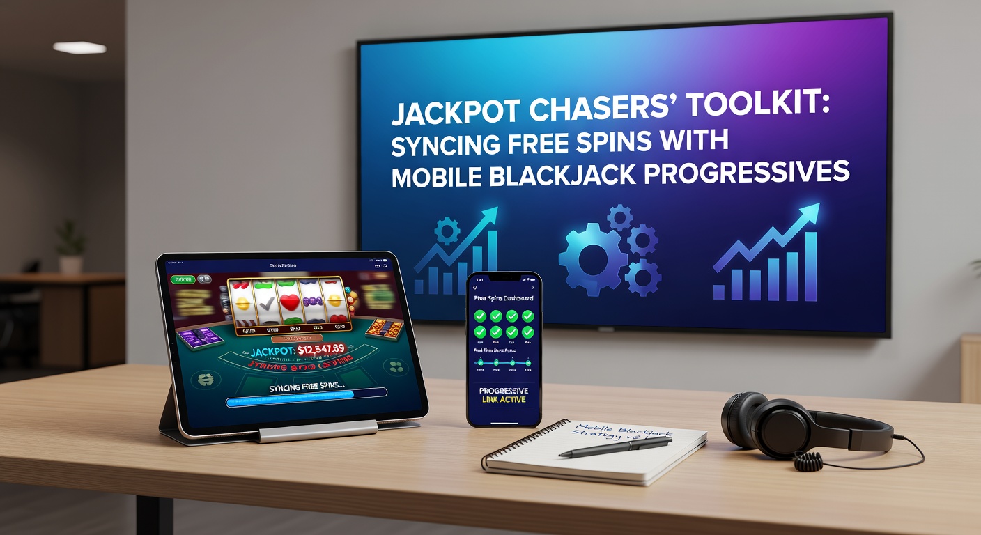 Screenshot of a mobile app interface displaying synced free spins rewards flowing into a glowing progressive blackjack jackpot, with charts tracking growth over time