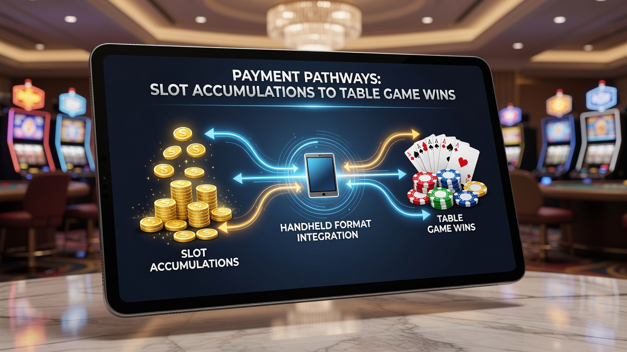 Close-up of tablet screen showing real-time fund transfer between slot accumulation meter and table game balance
