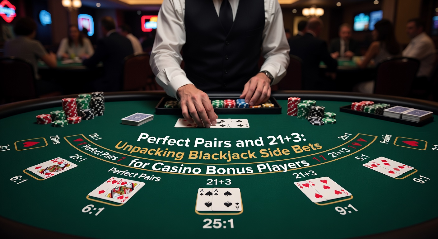 Close-up of a blackjack hand forming a 21+3 side bet winning three-of-a-kind, with poker hand rankings overlaid on the cards