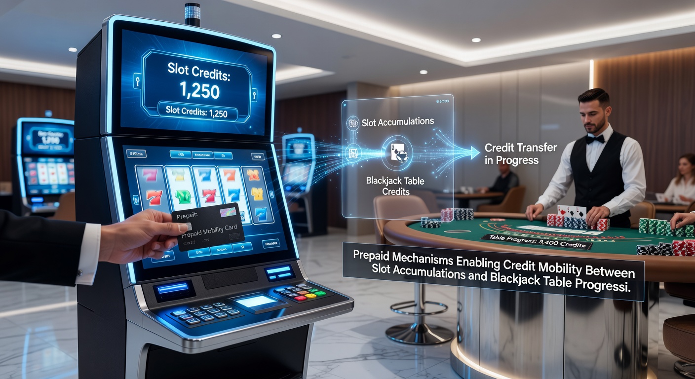 Illustration of credit flow from slot accumulators to blackjack progressions via prepaid vouchers on mobile