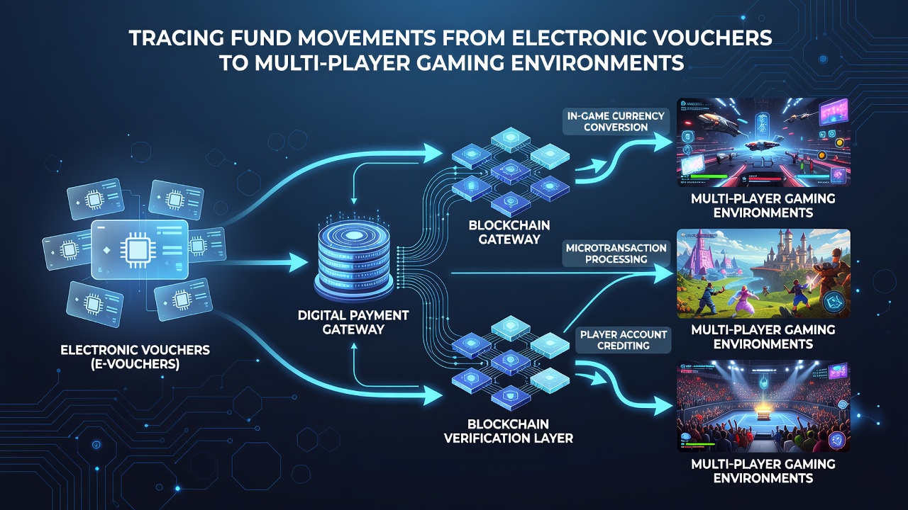 Flowchart illustrating compliance checkpoints between voucher redemption and multiplayer session funding