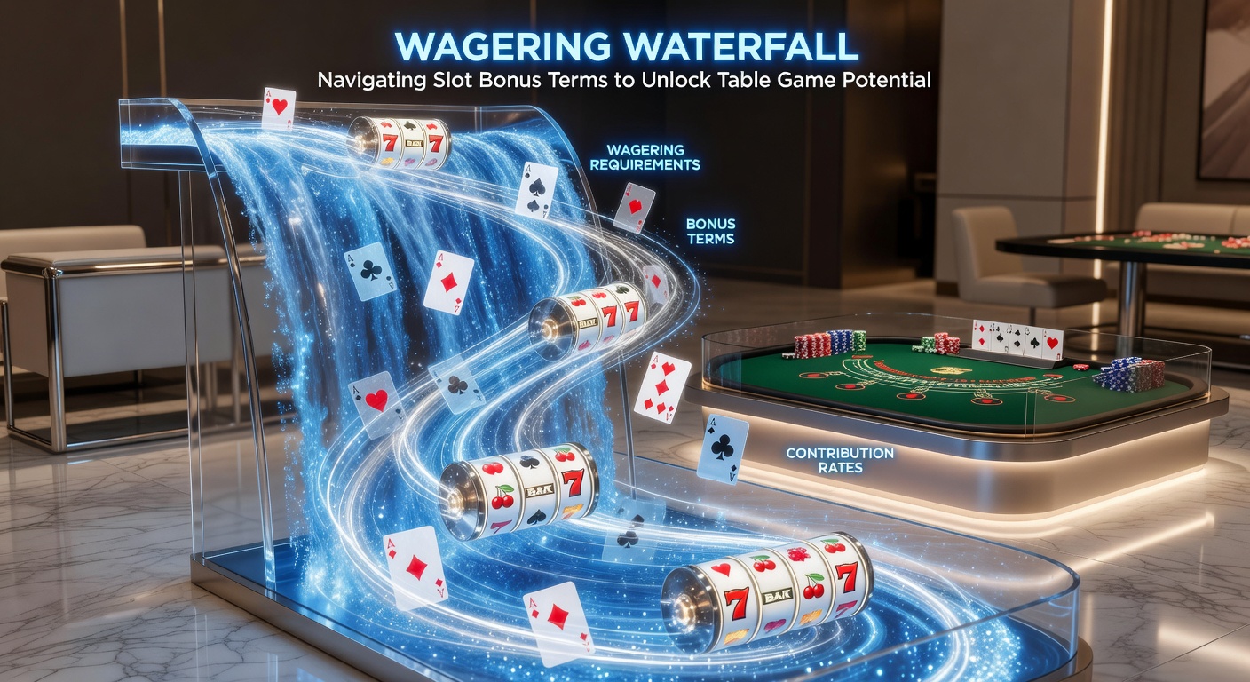 Close-up of slot reels transitioning into a blackjack table layout, symbolizing bonus wagering progression with glowing contribution percentages overlaid